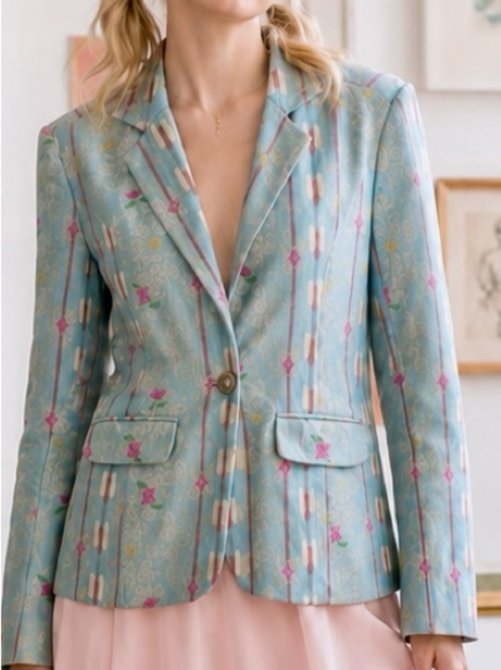 Vintage Sundance Turquoise embroidered Floral-Accented Stripe Blazer L - Picture 14 of 14